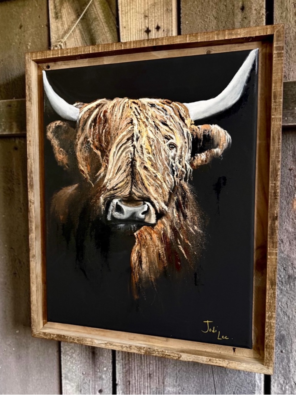 Original Painting of Highland Cow Framed- Rustic Brown & White Palette